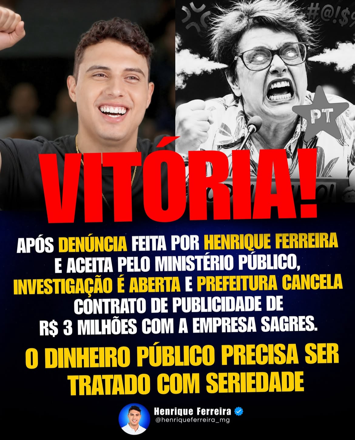 Após denúncia de Henrique Ferreira, Prefeitura cancela contrato de R$ 3 milhões — Henrique Ferreira MG